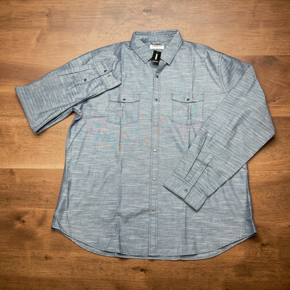NEW Express Mens XXL Blue Textured Cotton Long Sleeve Snap Front Utility Shirt